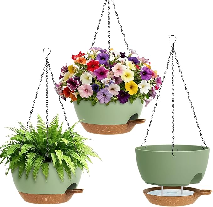 Set of 3-10 Inch Self Watering Hanging Planters for Indoor & Outdoor，Hanging Plant Pots with Drainage & Removable Tray, Hanging Pots Holder for Ivy, Ferns, Balcony & Patio, Green and Brown UOUZ