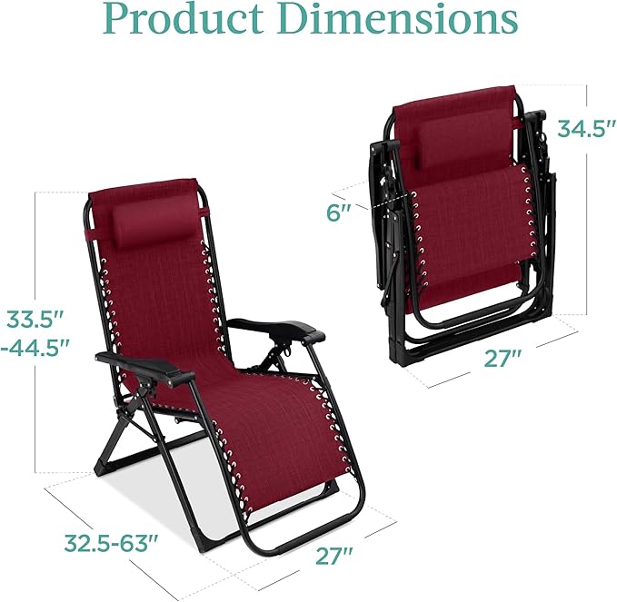 Best Choice Products Oversized Zero Gravity Chair, Folding Outdoor Patio Recliner, XL Anti Gravity Lounger w/Removable Cushion, Cup Holder, Side Tray, 350lb Capacity - Burgundy BestChoiceProducts