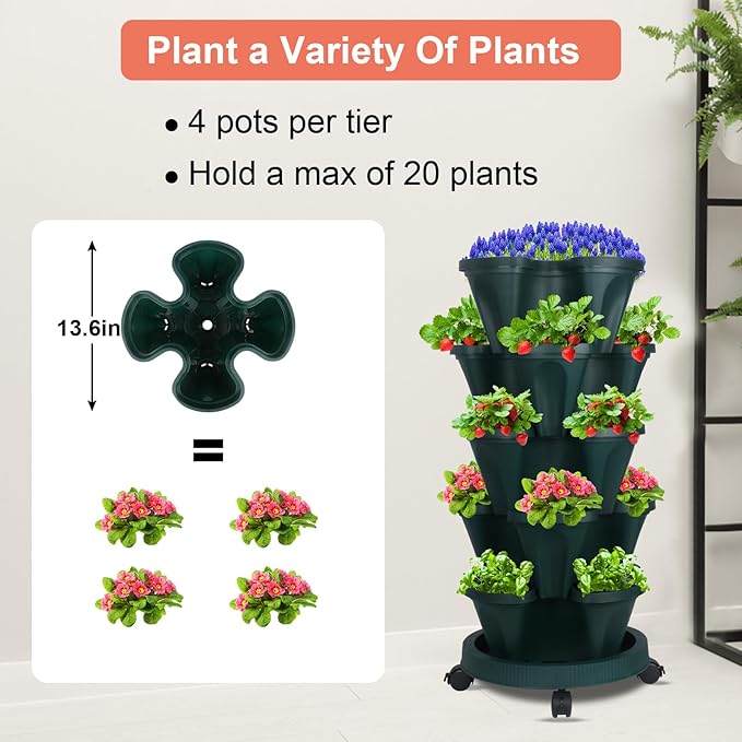 DUNCHATY Stackable Vertical Garden Planter with Wheels, 5 Tier Herb Planter Pots for Growing Vegetables and Succulents, Pine Green DUNCHATY
