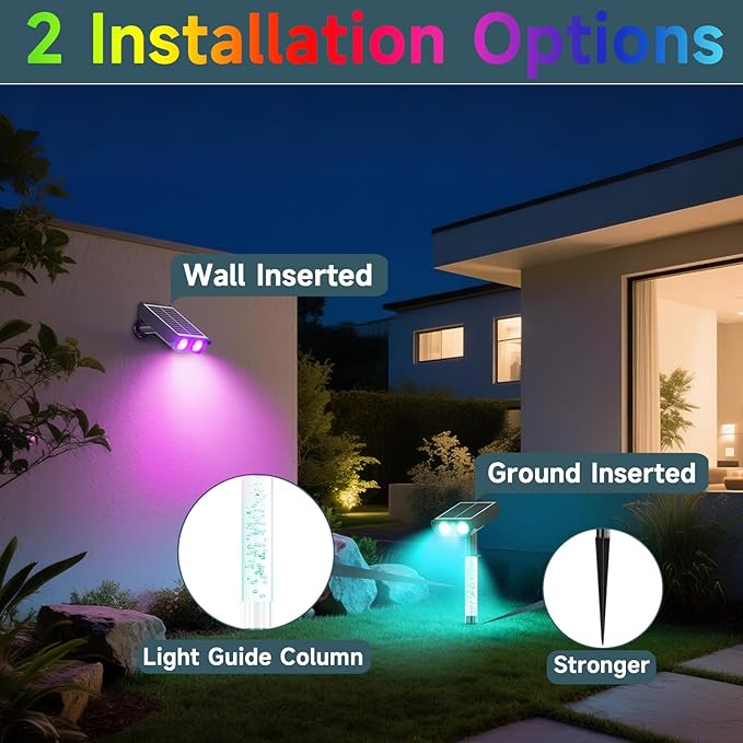 RGB Solar Spot Lights : 2 IN 1 Solar Lights Outdoor with 8 Lighting Modes & PC Light Guide Column for Tree Garden Yard Pathway | RGB Color Changing Landscape Lights | IP65 Waterproof | 12 Pack Rootora