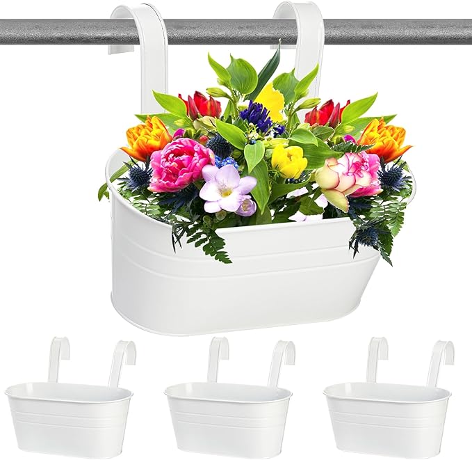 Foraineam 4 Pack Hanging Flower Pots, Metal Iron Plant Pot Holders, Large Fence Railing Balcony Garden Hanging Bucket Planters with Detachable Hooks for Indoor and Outdoor Decor Foraineam