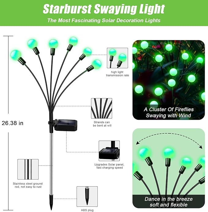 Solar Garden Lights Outdoor, 4 Pack 24LED Waterproof Solar Powered Lights for Yard Pathway Patio, Swaying Lawn Decor as Gardening Gifts for Women Holiday(4 Pack Green) NBQQ