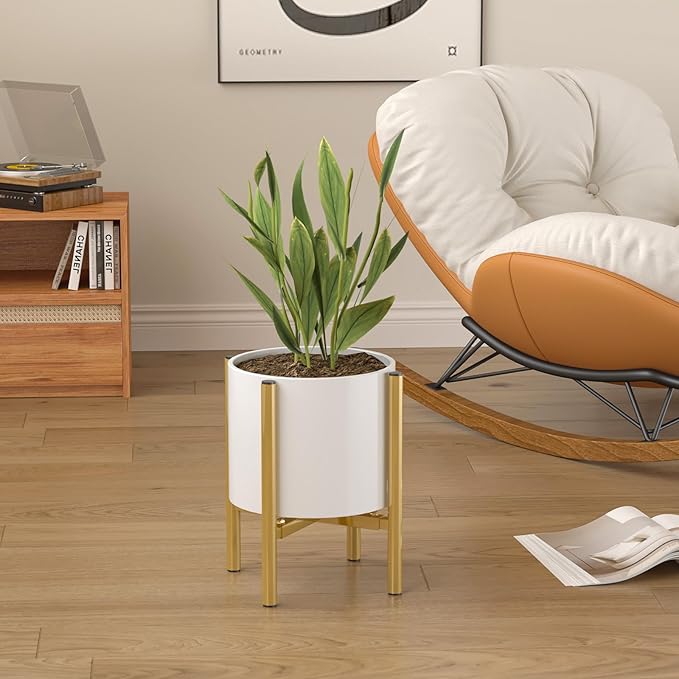 Adjustable Metal Plant Stand Indoor, Mid Century Modern Outdoor Planter Holder for 8 to 14 Inch Pots, Heavy Duty 160 LB Load, Corner Floor Stand for Home Garden Decor Golden HomecourtyardsInterio