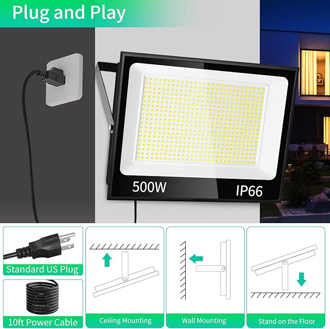 500W LED Flood Light Outdoor with Plug+10ft Cable, 60000LM Ultra Brighter 5000K Exterior Security Light, IP66 Waterproof Commercial Lighting for Sports Fields Counts Arena Stadium(2 Pack) ISUERFY-BornforGlowParty