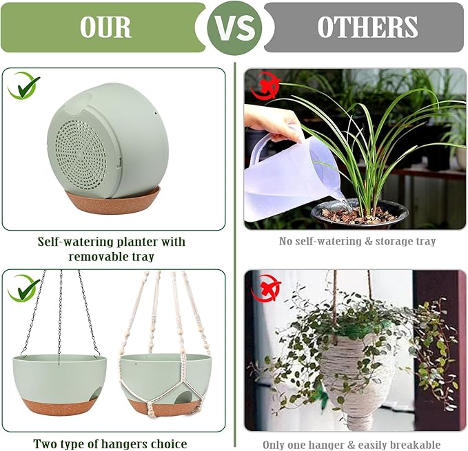 Hanging Planters for Outdoor Indoor Plants, 2 Pack 12 Inch Hanging Basket Plants Outdoor, Self Watering Hanging Planter with Plant Hanger for Garden Home Decoration (2 Type Plant Hangers Green) Lucieblessdesign