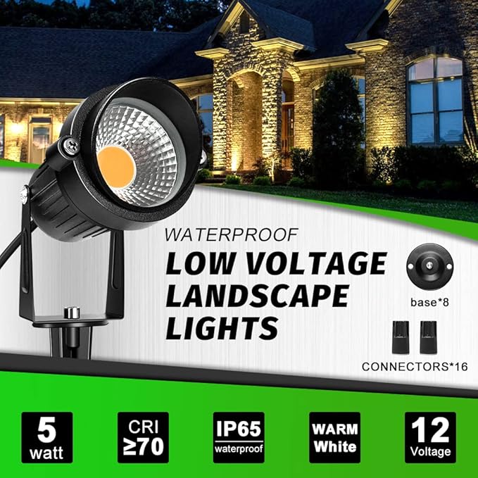 LightingWill 5W Landscape Lighting, Warm White 3000K-3500K, DC 12V LED Low Voltage Landscape Lights, IP65 Waterproof Pathway Lights for Outdoor Garden, Yard, Fence, House, Lawn, Tree, Flags (8 Pack) LightingWill