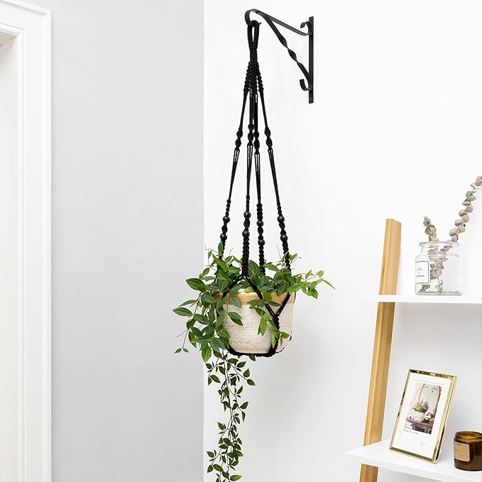 Mkono Macrame Plant Hanger Indoor Hanging Planter Basket with Wood Beads Decorative Flower Pot Holder No Tassels for Indoor Outdoor Boho Home Decor 35 Inch, Black, Set of 2 (POTS NOT Included) Mkono