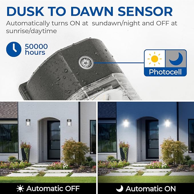 CINOTON 26W LED Wall Pack Light with Dusk to Dawn Sensor, 3000LM [100-277Vac] LED Wall Lights IP65 Waterproof Outdoor Security Flood Lighting for Garage Warehouse Garden 5000K-Daylight 2 Pack CINOTON