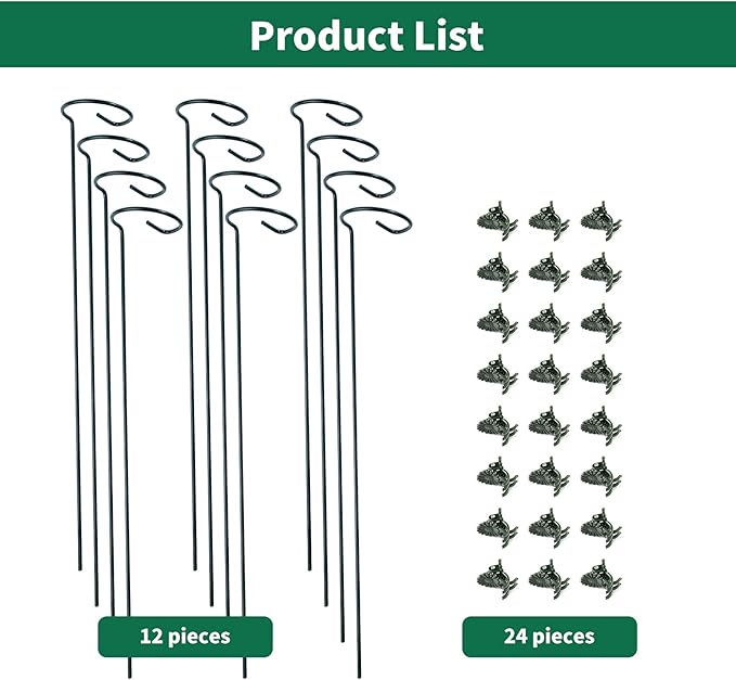 12 Pack Plant Support Stakes with 24 Pcs Plant Clips, Garden Single Stem Support Stake, Plant Cage Support Ring for Indoor Outdoor Flowers Rose Amaryllis Tomatoes Peony Lily Orchid (24 Inch) Auaok