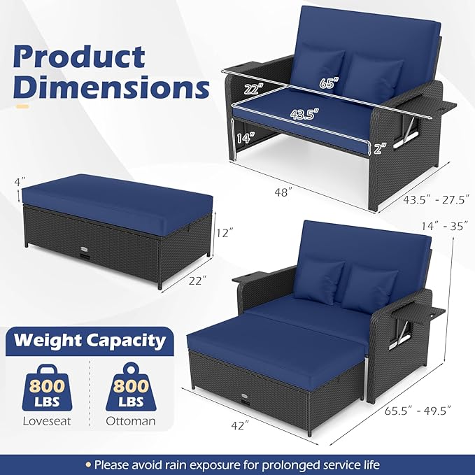 Tangkula Patio Rattan Daybed with 4-Level Adjustable Backrest, Outdoor PE Wicker Loveseat with Storage Ottoman & Folding Side Tray, Double Sunbed Lounger for Balcony, Backyard & Poolside (Navy) TANGKULA