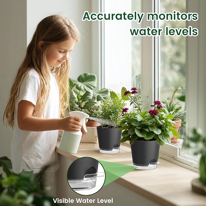 6 inch Self Watering Pots for Indoor Outdoor Plants, 6 Pack Flower Plant Pots with Drainage Holes and Clear Reservoirs, Visible Water Level, Plastic Planters with Wicking Rope, Black Meowell