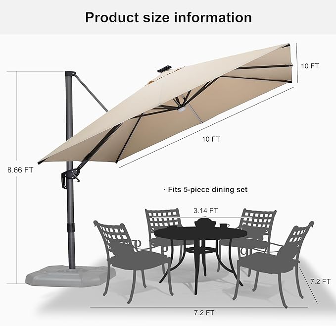 PURPLE LEAF 10 Feet Patio Umbrella with Base Outdoor Cantilever Solar Powered LED Square Umbrella Aluminum Offset Umbrella with 360-degree Rotation for Garden Deck Pool Patio, Beige PURPLELEAF