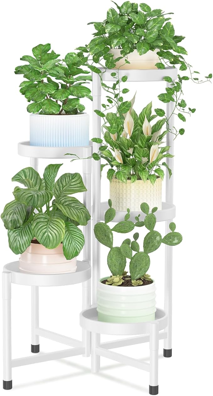 iDavosic.ly Plant Stand Indoor Outdoor, 5 Tier Corner Metal Flower Display Holder Shelf, Easy Assembly Folding Tall Orchid Rack for Patio Balcony Porch Garden Living Room House, White iDavosicly