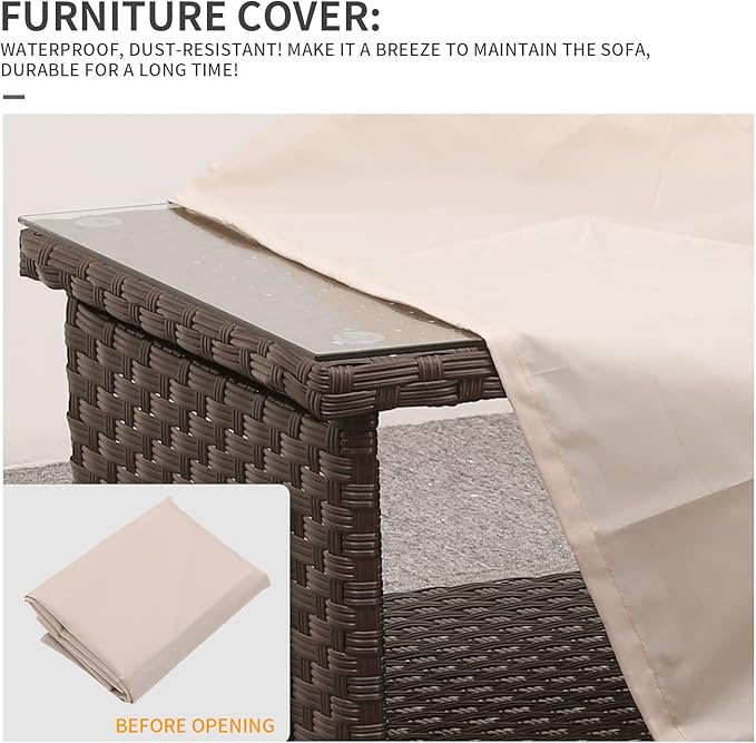 Outdoor Wicker Coffee Table Patio Furniture Garden Rattan 2-Layer Glass Table with Storage and Furniture Cover, Brown Rattaner