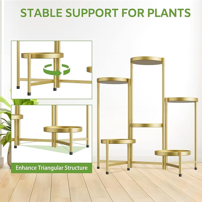iDavosic.ly 6 Tier Large Plant Stand Indoor, 10 Inch Wide Tall Corner Metal Plant Stands Outdoor for Multiple Plants, Folding Tiered Flower Display Holder Rack Shelf, Gold iDavosicly