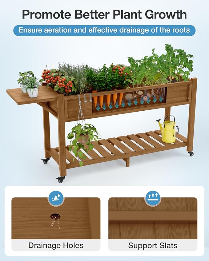 YEFU Raised Garden Bed with Legs: 57x18x30in Elevated Poly Planter with Wheels,Waterproof Mobile Raised Bed Garden, Elevated Planter Box Stand with Storage Shelf,for Herb,Carrot,Tomato (Teak,4pcs) YEFU