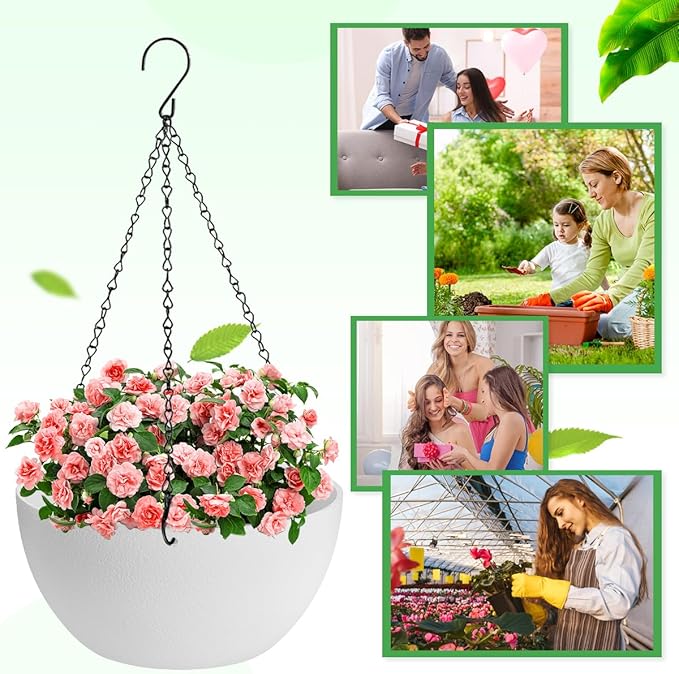 13 inch Hanging Planters for Indoor Plants, 2 Pack Planters for Outdoor Plants with Drainage Holes and Chain, Round Plastic Hanging Baskets, Hanging Flower Pots for Balcony Garden Decor-White HIGSEEU