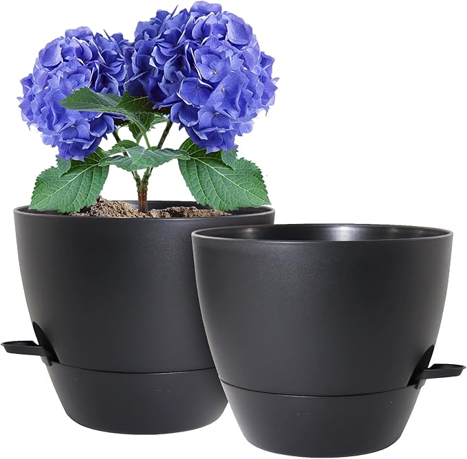 8 inch Self Watering Pots, 2 Pack Plastic Planters with Mesh Drainage Holes for Garden Plants and Flower, Plants Pots with Deep Reservoir for Indoor Outdoor Plants, Black WSMKSZ