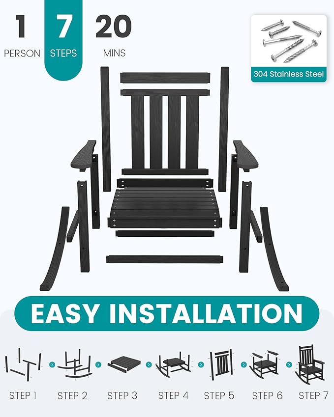 SERWALL Oversized Outdoor Rocking Chair Set of 4, HDPE Rocker for Adults, Patio Rocking Chairs for Porch, Black SERWALL