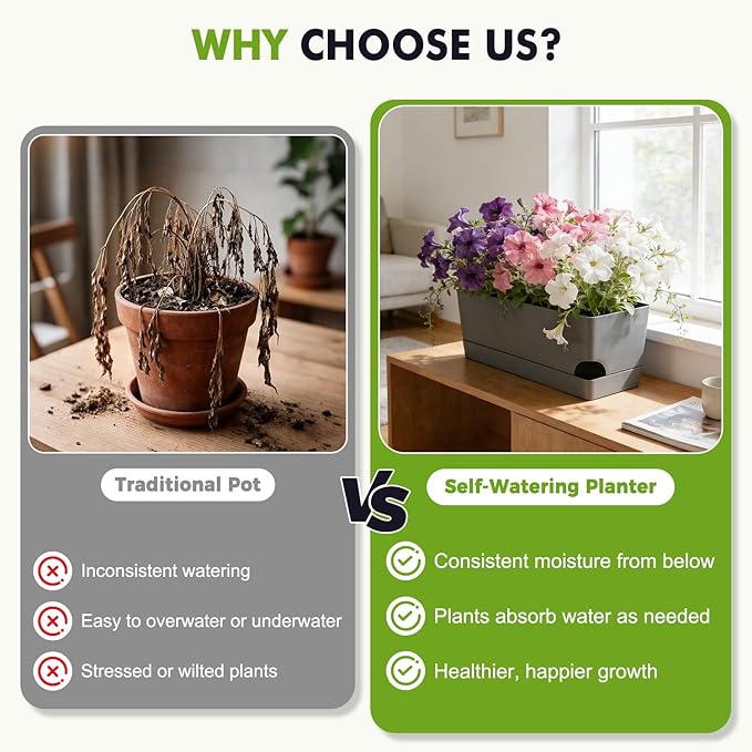 4 Pack Self Watering Pots for Indoor Plants 17 Inches Window Boxes Planters Rectangular Flower Pots Rectangle Herb Pots Large Plant Pots with Drainage Holes and Saucers Windowsill Planter, Grey KvyusFlourish