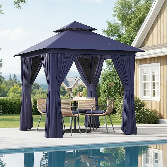 Aoxun Outdoor Gazebo for Patio 8x8 Metal Frame Canopy with Double Roofs Heavy Duty Party Tent and Shelter with Mosquito Netting and Privacy Screen for Backyard, Lawn, Garden, Deck (Navy Blue) Aoxun