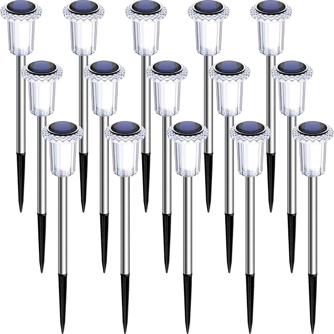 DenicMic Solar Lights Outdoor 15 Pack Waterproof 6000K Cold White LED Stainless Steel Stake Outside Lights for Yard Pathway Garden Driveway Walkway Landscape Path Lighting Denicmic