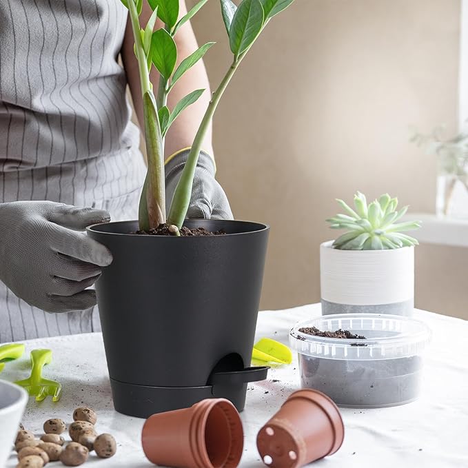 5 Pack 5 inch Self-Watering Pots, African Violets Planter with Drainage Holes and Reservoir, Black Plastic Planter for Indoor Outdoor Plants Flowers and Houseplants Black, 5 inch 5 pcs zople