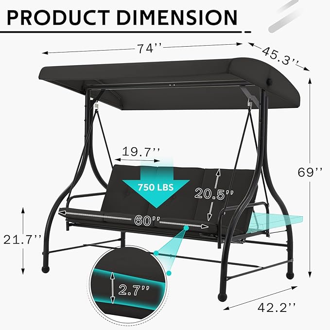 U-MAX Porch Swing Chair with Adjustable Backrest&Canopy, 3 Seat Patio Swing with Canopy 2-in-1 Convertible Outdoor Swing with Canopy Patio Daybed with Removable Black Cushions for Adults U-MAX