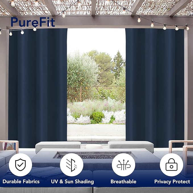 PureFit Outdoor Curtains for Patio Waterproof Weatherproof, UV Resistant Outside Curtains for Gazebo, Front Porch, Pergola, Sun Blocking Privacy Curtain, 52W x 120L inch, 1 Panel, Navy Blue PureFit