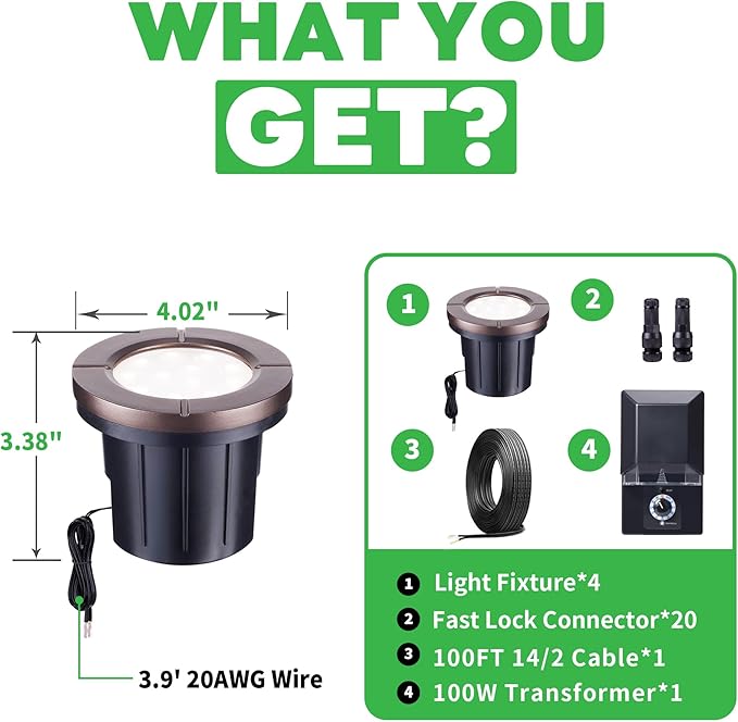 Landscape Well Lights Kit, 4 Pack LED Low Voltage Ground Lights and 100W Transformer and 100FT Cable and 20 Wire Connectors, IP67 Waterproof Aluminum for Driveway Walkway Tree 580LM Varmtalys