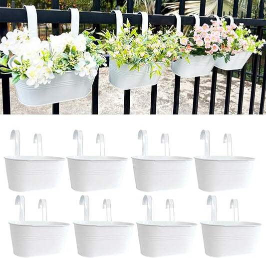 10" Hanging Flower Pots, Pack of 8 White Metal Outdoor Patio Balcony Planter, Railing Planters Fence Pot with Detachable Hook & Drainage Hole for Small Plants (White, 8Pcs) JOYFERNAL