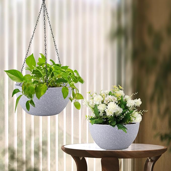 8 inch Small Hanging Planters for Indoor Outdoor Plants, 2 Pack Hanging Flower Pots with Drainage Holes and Chain for Garden Porch, Plastic Hanging Baskets for House Plants, Speckled Grey Meowell