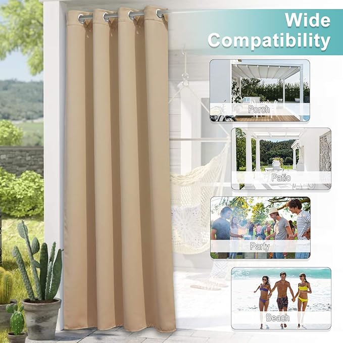 NICETOWN Waterproof Outdoor Curtain W66 x L95 inch, Stainless Grommet Sunlight Blocking Weatherproof Drape Blackout Curtains for Gazebo/Patio Porch/Pergola/Cabana (Biscotti Beige, 1 Panel) NICETOWN