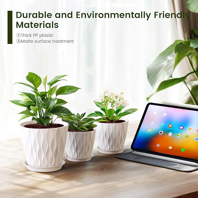 7/6.5/6/5.5/5/4.5/4 inch Plant Pots for Indoor Outdoor Plants, 7 Pack Thick Flower Pots with Drainage Holes and Saucers, Modern Wave Texture Plastic Planter Pots for Nursery, Succulent, White Meowell