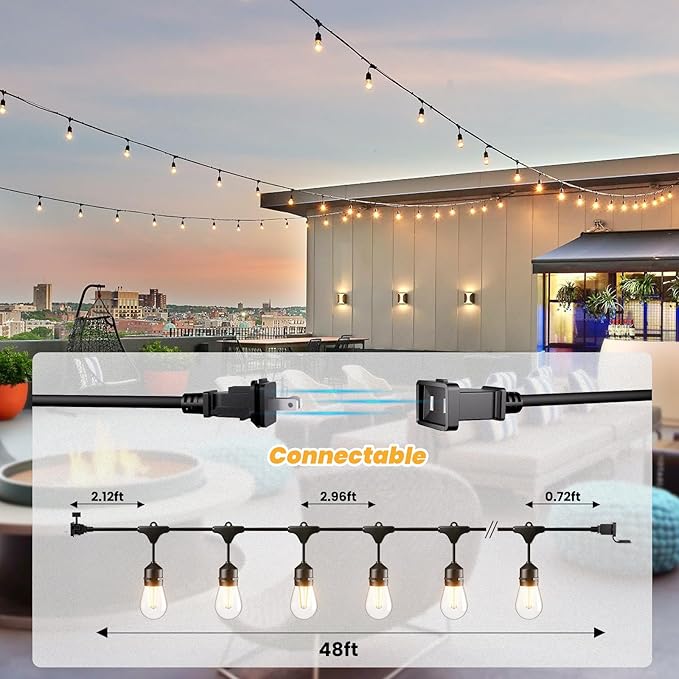 Svater 144 FT Outdoor String Lights 2W, Patio Light for Outside with 48 Antique S14 Plastic LED Bulbs, IP65 Waterproof Hanging Cafe Market Lighting, ETL-Listed Dimmable Warm White (48 FT x 3) Svater