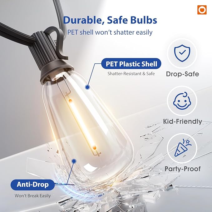 addlon 100FT(50FT*2) LED Outdoor String Lights with Remote Waterproof Patio Lights with 54 Shatterproof ST38 Replaceable Bulbs(4 Spare), Dimmable Outside Hanging Lights Connectable for Porch, Backyard addlon