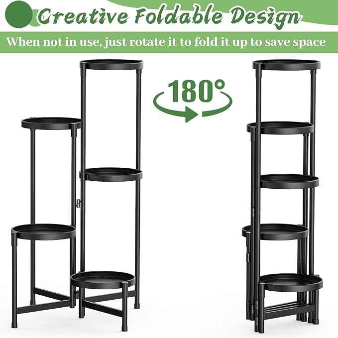MOKANI Metal Plant Stand Indoor Outdoor for Multiple Plants, 5 Tiered Folding Corner Shelf Tall Flower Pot Holder Display Rack for Patio Living Room Balcony Garden, Black Mokani