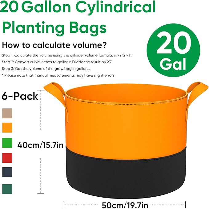 6-Pack 20 Gallon Grow Bags - 350G Heavy Duty Thickened Colorful Potato Grow Bags with Handles, Felt Nonwoven Garden Fabric Bags Gardening Pots for Vegetable Fruit Flowers Herbs Tomato Growing RVZHI