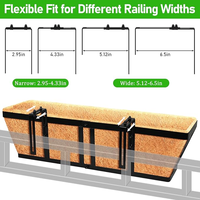 Riare 2 Pack 24 Inch Metal Railing Planter Window Box with Coco Liner- Adjustable Window Flower Boxes for Railings, Hanging Rail Planters for Deck, Balcony, Porch, Fence, Indoor Outdoor Plants Riare