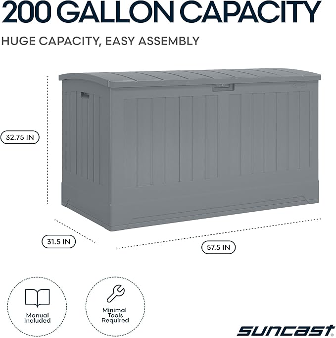 Suncast 200-gal. All-Weather Patio Deck Box, Made in the USA, with Pad-Lockable Lid, Extra-Large Outdoor Storage Unit for Patio Furniture and Grill Tools, Dove Gray Color Suncast
