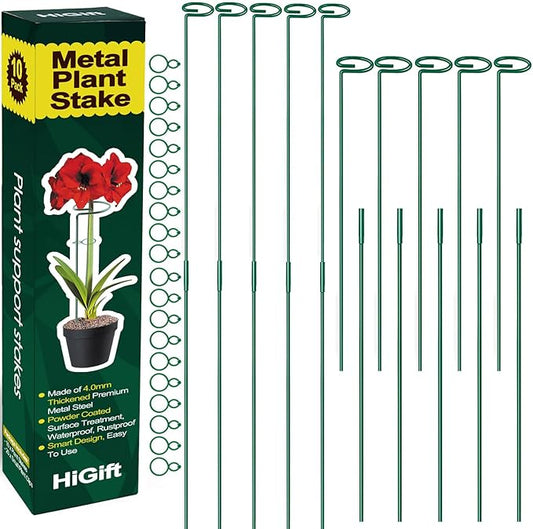 10 Pack Height Adjustable Plant Support Stakes (17" or 32" Inches), Metal Plant Stakes for Indoor Outdoor Plants, Tall Plant Stick Support Ring Cages for Garden Flower Amaryllis Orchid Gladiolus HiGift