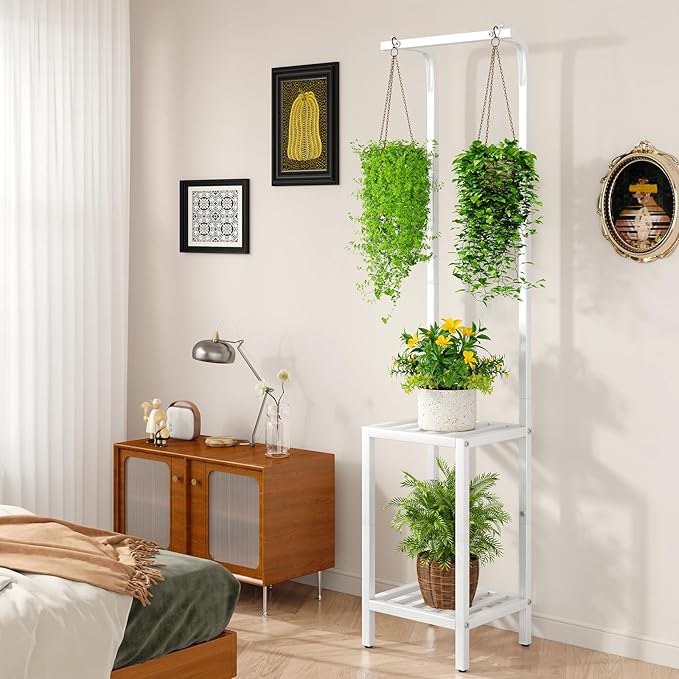 IBUYKE 67 Inch Tall Plant Stand Indoor Outdoor, 3 Tier Metal Hanging Plant Shelf for Multiple Plant, Heavy Duty Plant Holder Flower Stand for Living Room Patio Balcony Garden, White TMJ076W IBUYKE