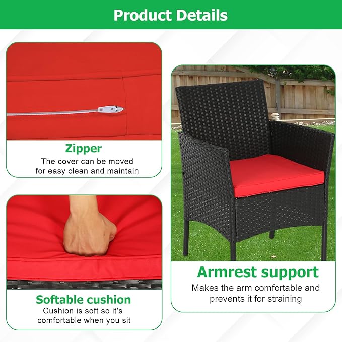 FDW | 3-Piece Patio Furniture Set | Black & Red | Outdoor Wicker Furniture with Coffee Table | Modern Rattan Chairs Conversation Set | Outdoor Seating | Weather-Resistant | for Porch, Garden, Lawn FDW