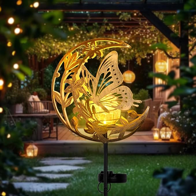 ShangTianFeng Butterfly Lights Outdoor Decor - Moon & Bird SolaGardenLights Waterproof, Auto On/Off Pathway Lighting for Yard/Lawn/Patio, Handcrafted Metal Solar-Stake-Lights for Outside Decorations ShangTianFeng