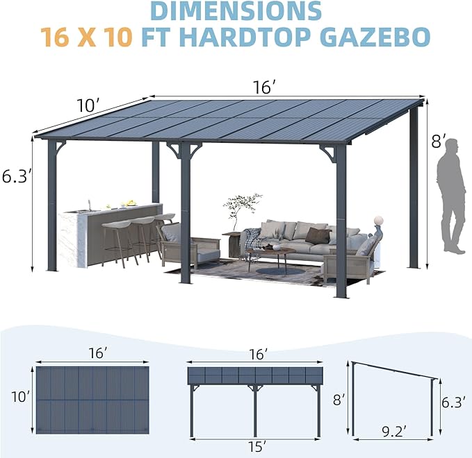 AECOJOY 16' x 10' Gazebo Outdoor Pergola, 10x16 Large Wall-Mounted Hardtop Lean to Metal Gazebo Shelter Pergolas and Gazebos Clearance with Patio Roof, Heavy Duty Awnings for Backyard, Decks AECOJOY