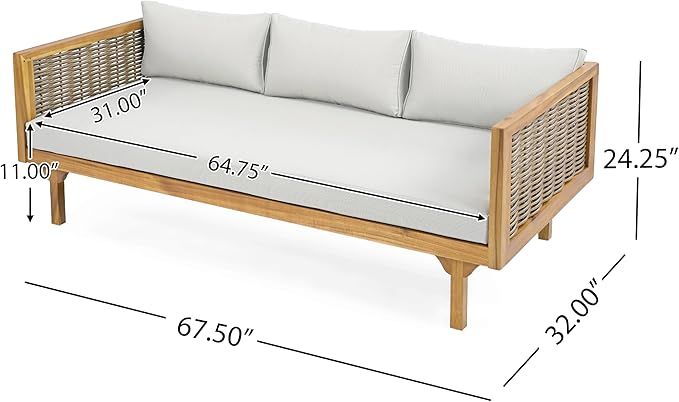 Merax 67.5" Outdoor Patio Daybed 3 Seater Sofa Bed,Acacia Wood Frame with Rattan Arm,Cushion & Pillow for Pool Merax
