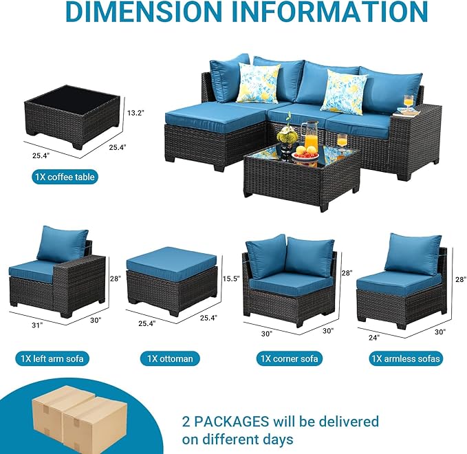 Jing's Villa 5-Piece Patio Furniture Set, All-Weather Outdoor Wicker Sectional Sofa with Cushions, Tempered Glass Table & Ottoman, Rattan Conversation Seating for Porch, Garden, Backyard,Peacock Blue JingsVillaOutdoorFurniture