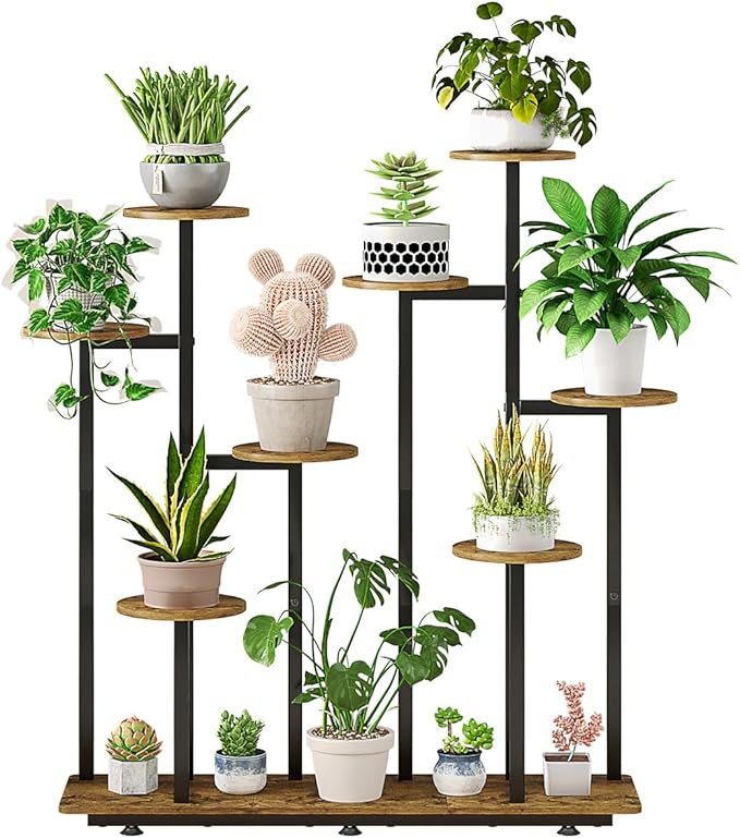 Plant Stand Indoor 9 Tier 11 Potted Multiple Flower Pot Holder for Patio Garden Balcony Living Room Corner (9 Tier Black+Rustic Brown) INGIORDAR
