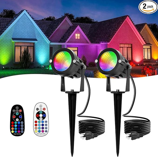 RGBW Multicolor Spotlight Outdoor: 16 Color Changing Landscape Lighting with Remotes 120V Plug in Waterproof Holiday LED Spot Light for Yard Garden Tree Bush Path Lawn Décor, 2 Pack (RGB + Warm Light) CoziTech