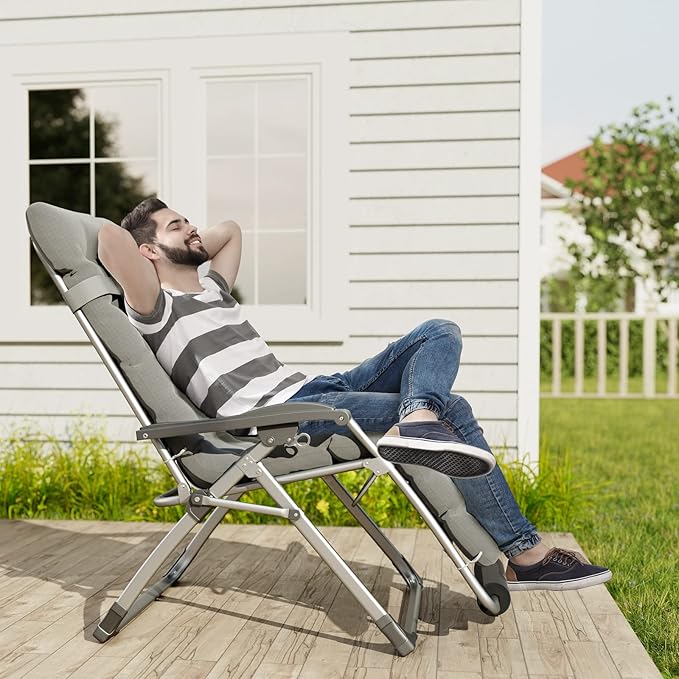 UDPATIO Oversized Zero Gravity Chair 33In XXL Patio Reclining Chair with Cushion, Outdoor Folding Recliner with Pillows, Cup Holder, Foot Rest & Padded Headrest, Support 500LB (2, Light Grey-XL) UDPATIO